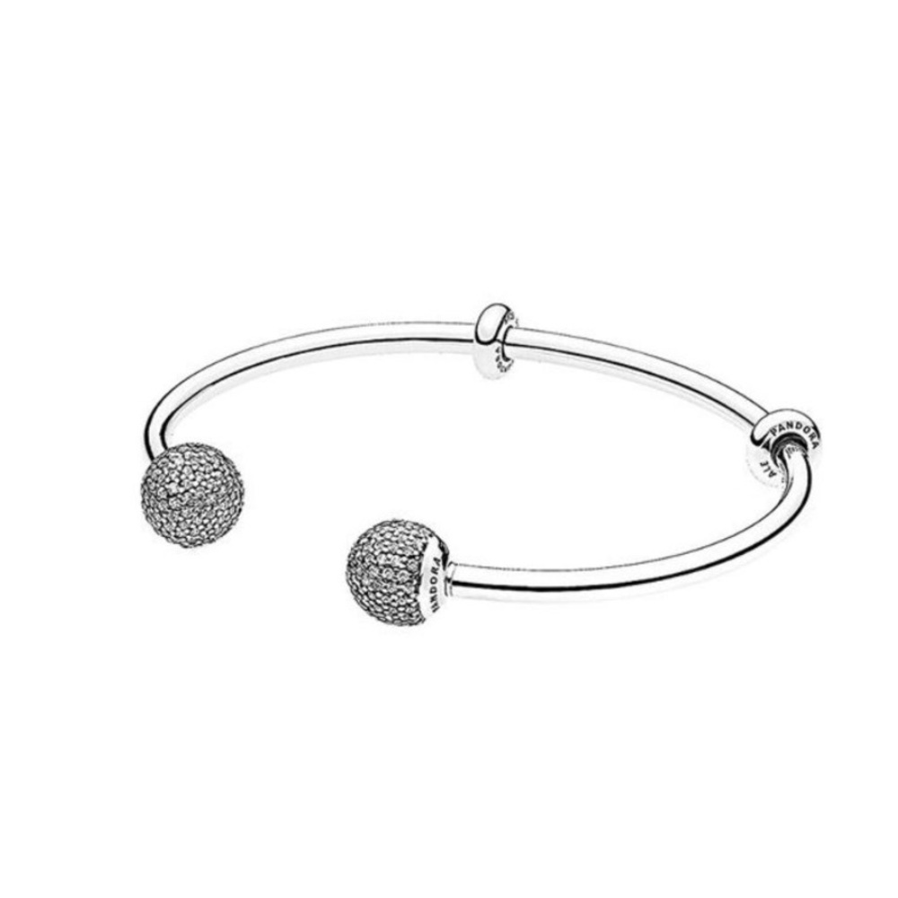 NWT Pandora Charm Carrier Moments Silver
Pave Bangle Bracelet w/ 2 Stoppers Sz 1